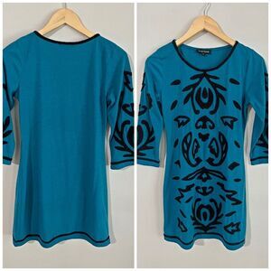 Young Threads Teal Black Embroidered Boho Tunic Mini Dress S